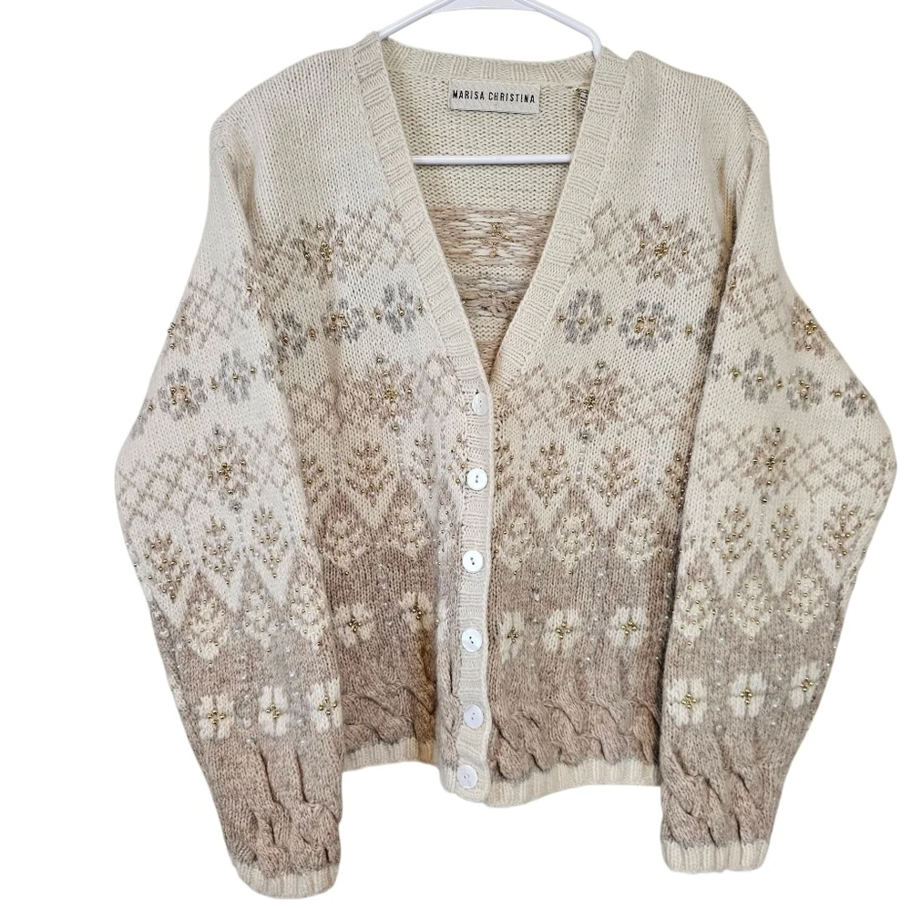 Marisa Christina Vintage Fair Isle Beaded Cable Knit Chunky Button Down Cardigan